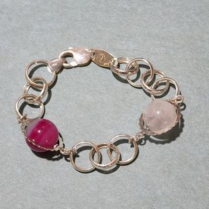 Vintage Lynda Pink Stone & Circle Links Chain Italy Sterling Silver Bracelet